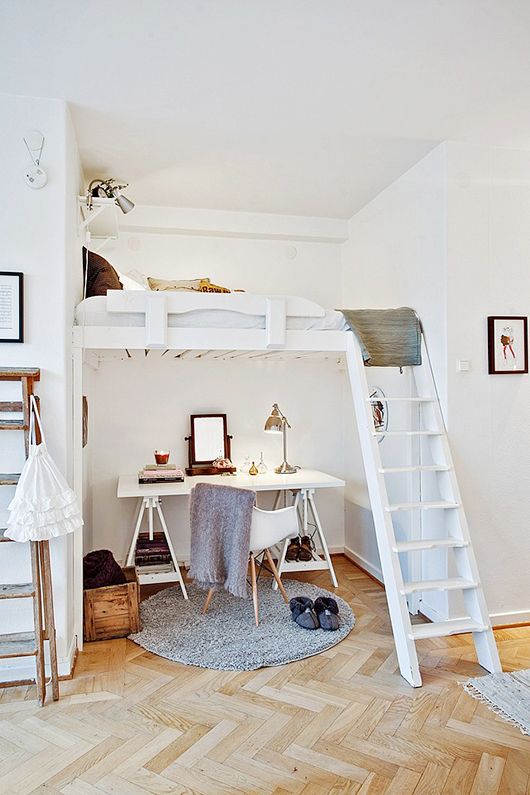 sleeping area placed above the study space is an ideal variant that saves space