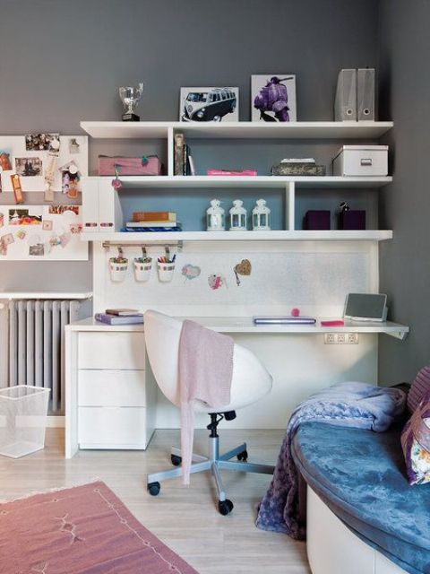 functional study station with open shelving and drawers for storage