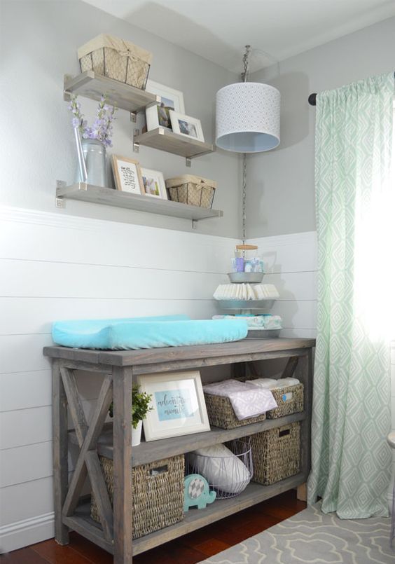 rustic grey changing table with cubbies for storage