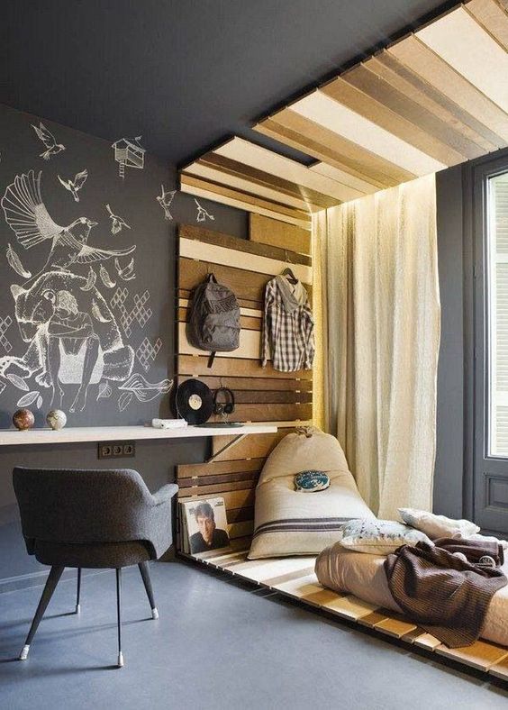 wall-mounted desk top with a chalkboard wall for making notes