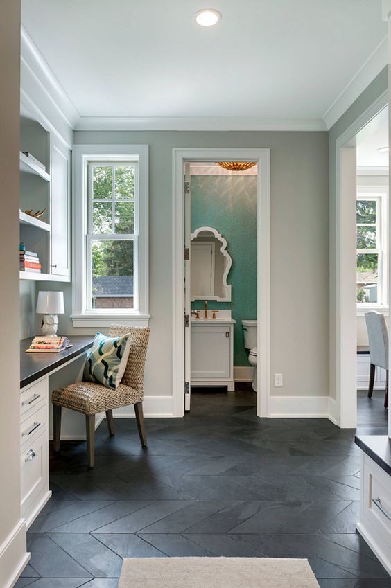 herringbone dark tiles for a light-colored home office