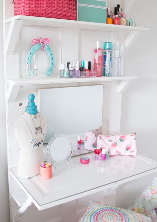 22 small vanity nook with shelves for storing makeup