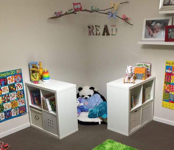 Kallax shelves that create a kids' reading nook