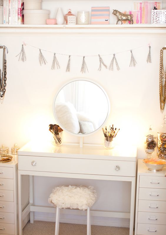 25 desk turned into a vanity by adding a mirror above and two small side tables