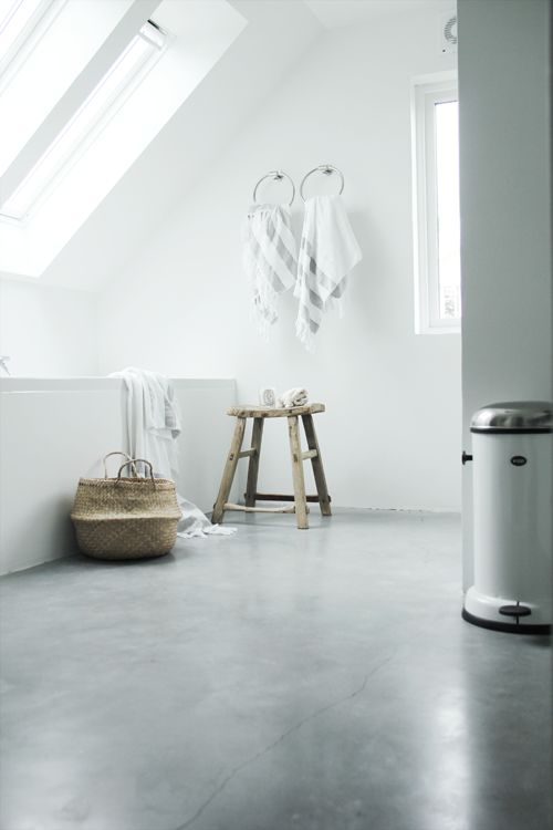 white bathroom with polished concrete floors that aren't afraid of humidity