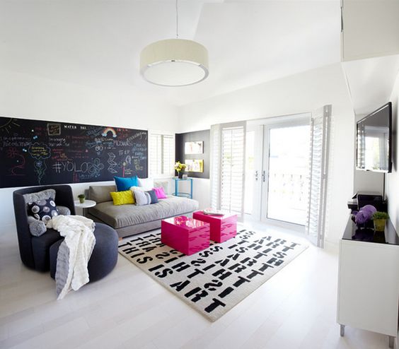 modern teen hangout lounge with a chalkboard wall