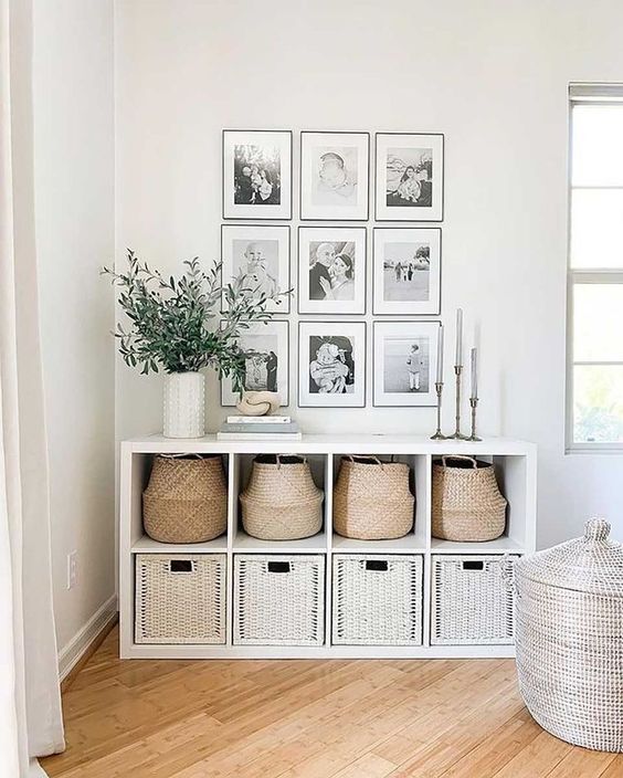 a chic IKEA Kallax hack with woven baskets and drawers is a cool solution for any Scandinavian space