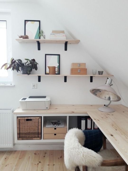 a corner desk with a Kallax unit for storage attached under the tabletop is a cool solution for an attic room