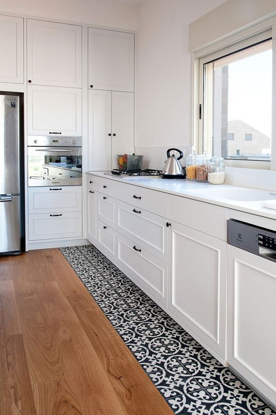 a modern white kitchen with shaker cabinets, a tile to laminate floor and some stainless steel appliances is a catchy space
