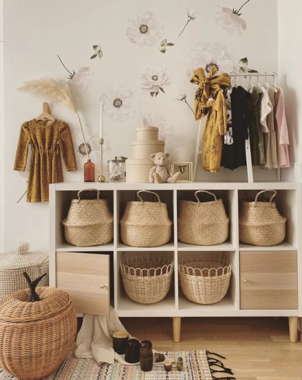 a stylish boho storage unit finished off with MDF doors and woven baskets is a lovely idea for a kids' room