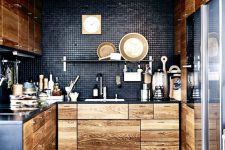 black mixes with natural light-colored wood cabinetry really well