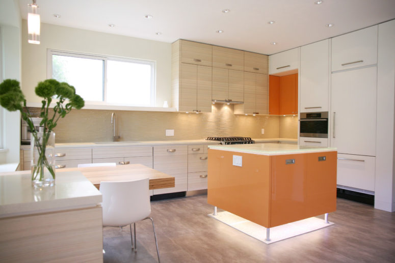 vinyl kitchen flooring could be used to imitate natural wood (The Sky is the Limit Design)