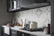 mid-century modern dark grey kitchen with white touches