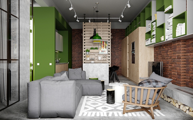 Industrial Chic Apartment With Bold Green Touches