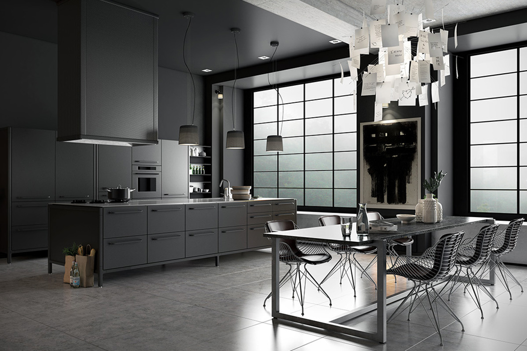 This dark kitchen is decorated in moody colors with a distinct masculine feel