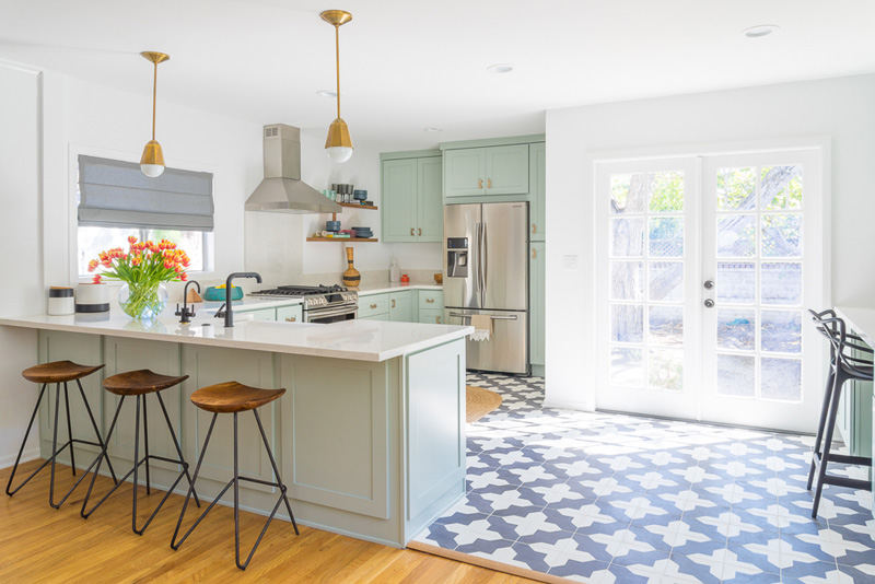 Mid-Century Mint Kitchen Design With Brass Touches