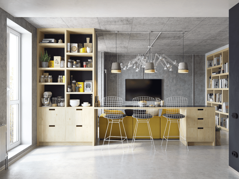 All the walls, ceiling and floor are covered with grey concrete