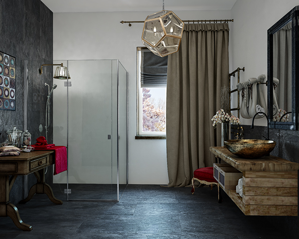 Dark tiles, a minimalist shower, a rustic reclaimed wood countertop and a vintage rustic table look cool together