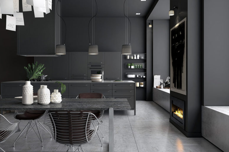 The basis is a Vipp kitchen with black metal cabinets and appliances