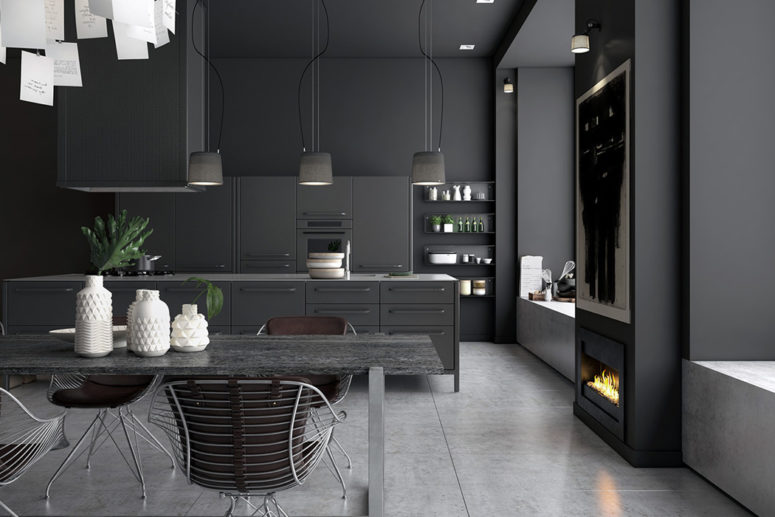 Moody Monochromatic Kitchen Design With A Masculine Feel DigsDigs