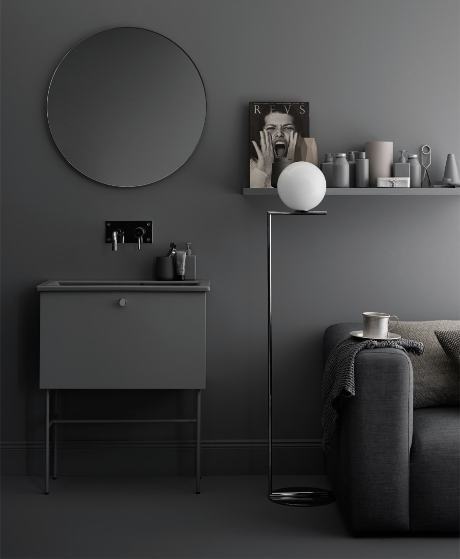 02 The freestanding vanity units feature slim wooden fronts and tall metal legs. Both stone and ceramic countertops are available, as are mirrors in different geometric shapes