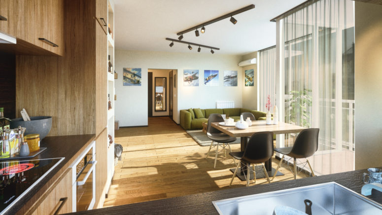 dining space design The dining space is next to the window to maximize the views and a large corner sofa is perfect for having guests