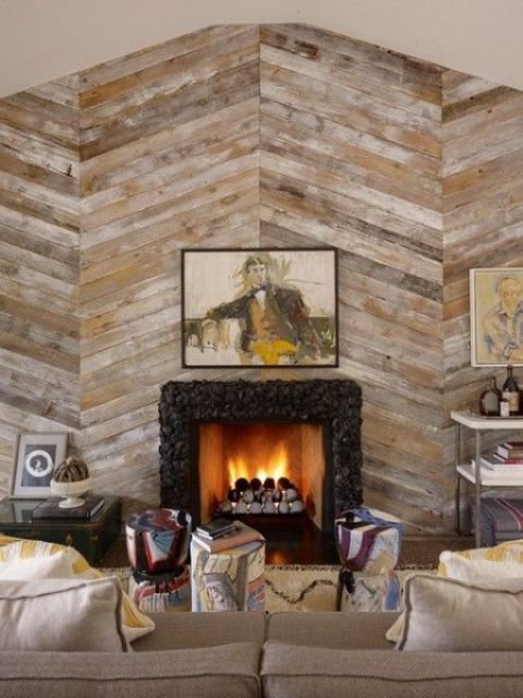 diagonal wood plank accent wall to highlight the fireplace