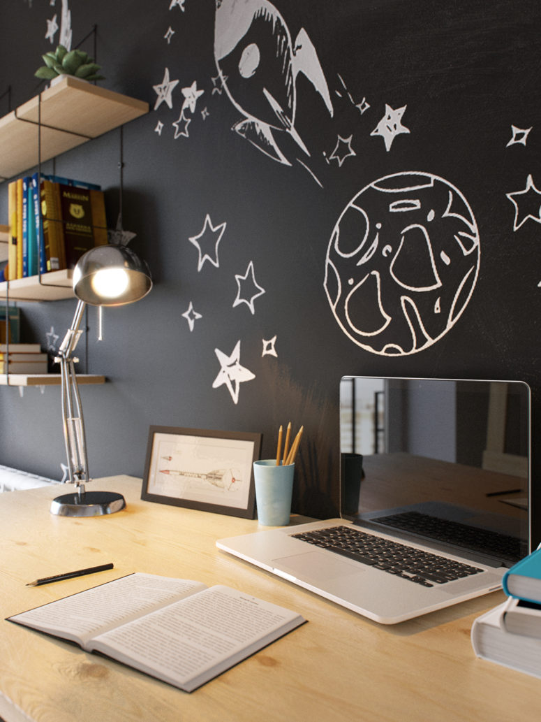 An industrial lamp makes the study space more stylish