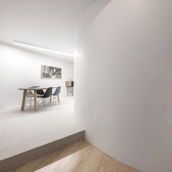 One single wall, half-circular in plan, was proposed for the apartment
