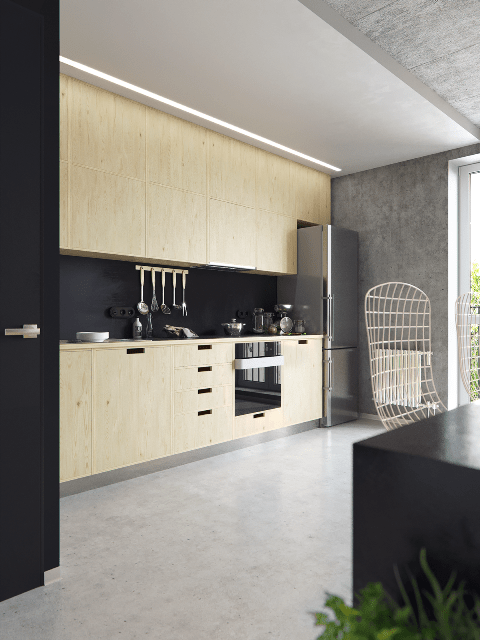 Light wood helps to make the space cozier and softens chalkboard and concrete used