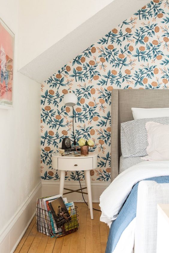 lovely modern floral wallpaper to highlight the headboard wall