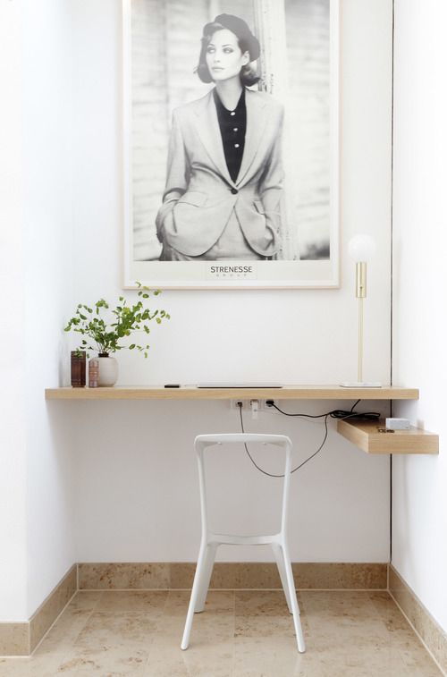 wall-mounted desk and shelf in one is a perfect solution for a tiny home office in a niche