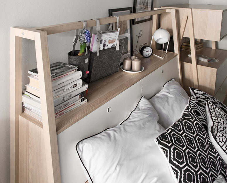 The headboard includes a lot of storage space