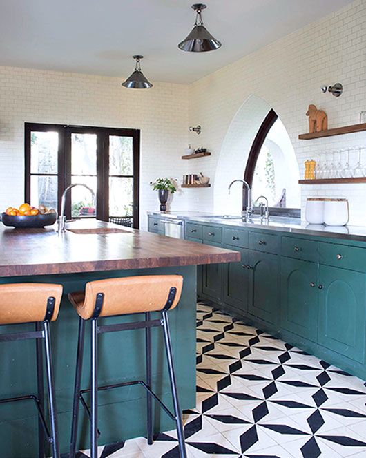 White Kitchen With Black And White Patterned Tile Floor White