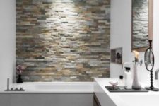 stone accent wall in a bathroom