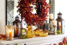 fall mantel with berry wreath
