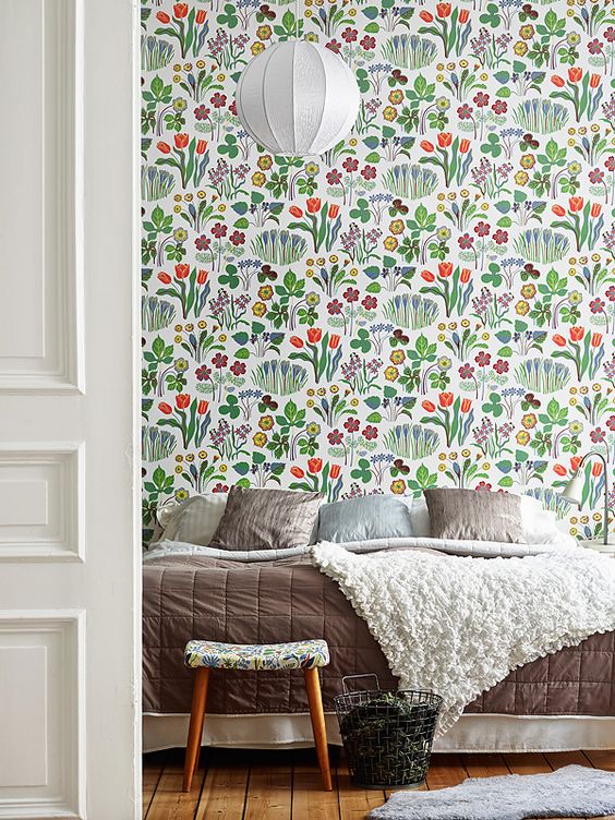 botanical floral wallpaper to bring an airy spring feel to the bedroom