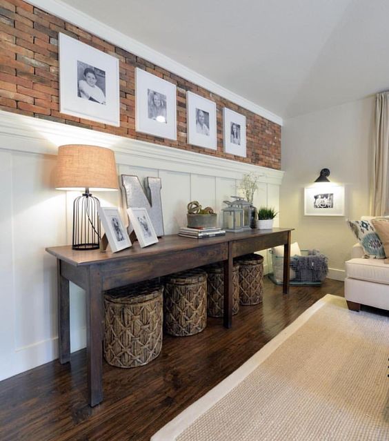 tall wainscoting looks good with red brick and gives texture to the room