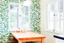 13 fun-printed wallpaper sets up a mood in this breakfast nook