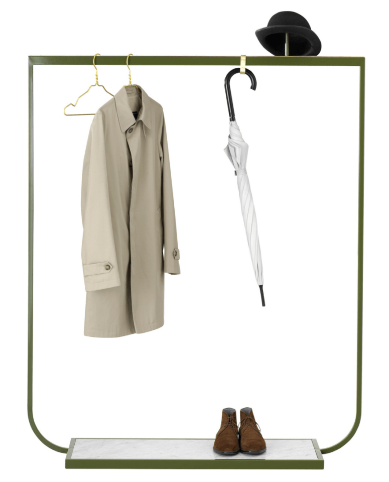 metal green coat rack with a shoe stand