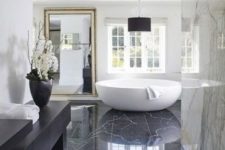 14 modern black and white luxury bathroom design with black marble flooring