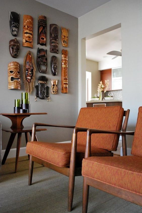 Bold collection of African masks which echoes with the chairs in the colors