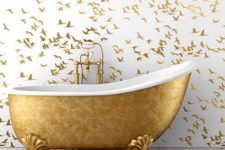 23 gold cranes wallpaper echo with a free-standing gold bathtub