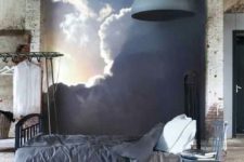 23 mural wall with the sun coming out of the clouds for a rough industrial bedroom