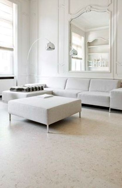 pastel living room with light-colored cork floors