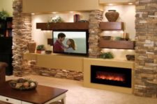 25 fireplace and media wall decorated with stone
