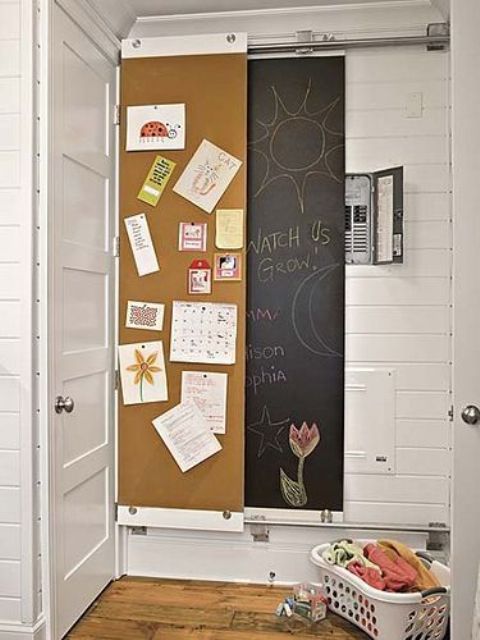 sliding memo board and a chalkboard to cover an electric panel