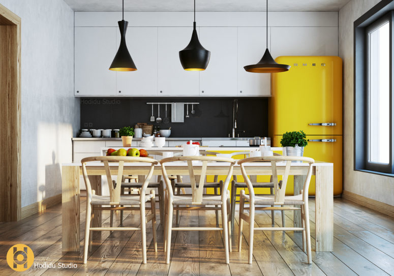 This modern ktichen is amazingly cozy and full of light due to the sunny yellow touches here and there