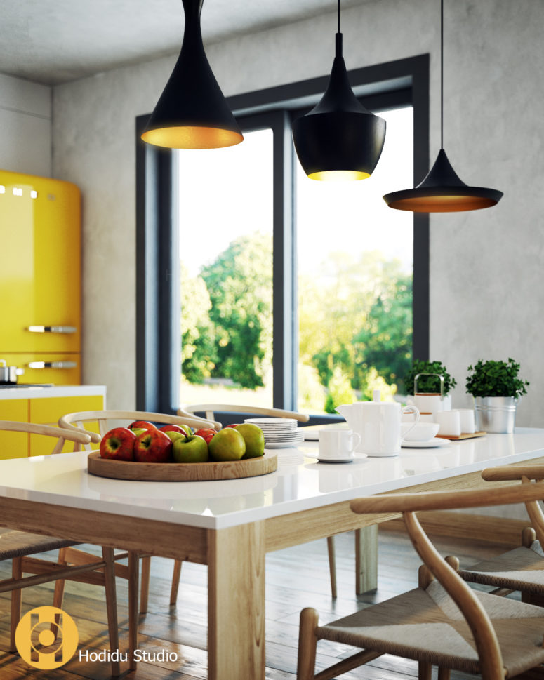 A floor to ceiling window brings light in and black lamps have sunny yellow inner sides to keep the color scheme