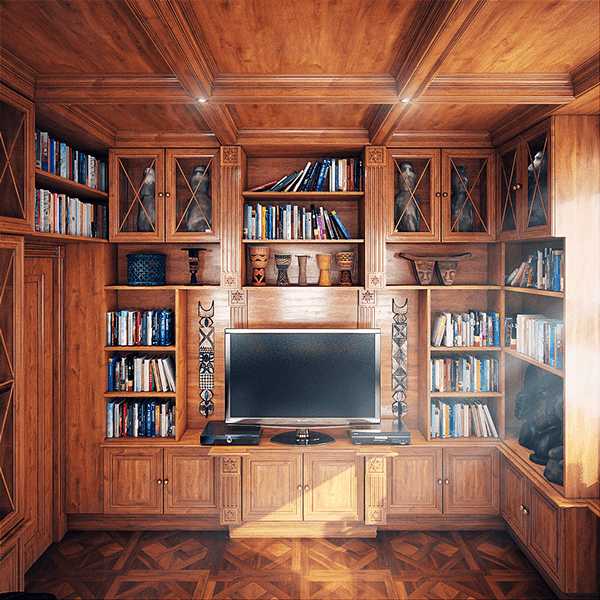 Wood covers everything here, from the floor to the ceiling, and the furniture is made of the same wood, too